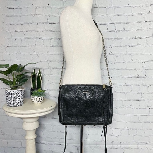 Rebecca Minkoff Tri Zip Leather Crossbody Bag Chain Strap Black Studded Moto - Picture 3 of 11